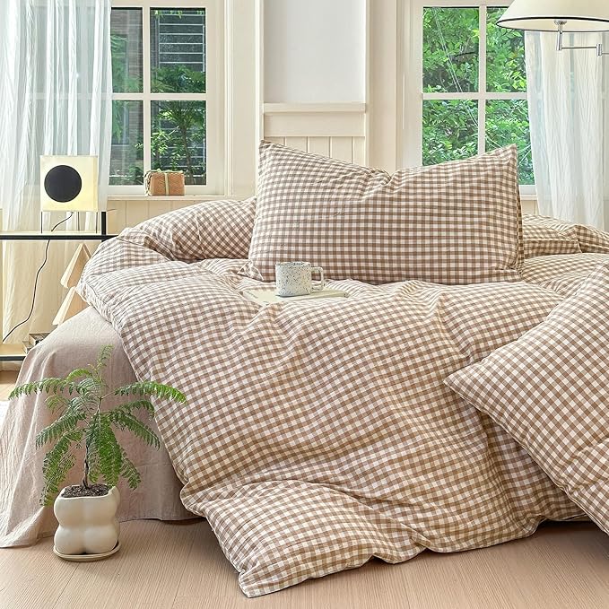 LifeTB Tan Gingham Comforter Set King Modern Style Beige Plaid Comforter Set 3 Pieces Soft Fluffy Grid Checkered Pattern Comforter with 2 Pillowcases Farmhouse Gingham Plaid Bedding Set King