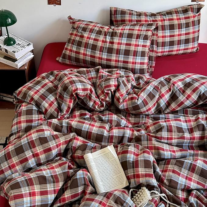 LifeTB Vintage Buffalo Plaid Comforter Set Twin XL, 3 Pieces Red Brown Grid Checkered Comforter with 2 Pillowcases, Breathable Soft Farmhouse Grid Pattern Printed Plaid Gingham Bedding Comforter Set