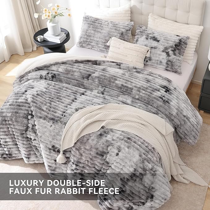 Smoofy Fluffy King Size Comforter Set 3 Pieces - Tie-dye Grey Fleece Fluffy Comforter Set, Luxury Fuzzy King Bedding Set, Soft King Bed Set All Season, Heavy Faux Fur Comforter with 2 Pillow Cases