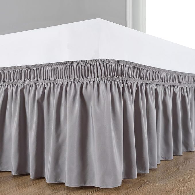 Wrap Around Bed Skirts Elastic Dust Ruffles, Easy Fit Wrinkle and Fade Resistant Silky Microfiber Fabric Solid Color Bedskirt, 12 Inch Tailored Drop Silver for Twin Size Bed Skirt