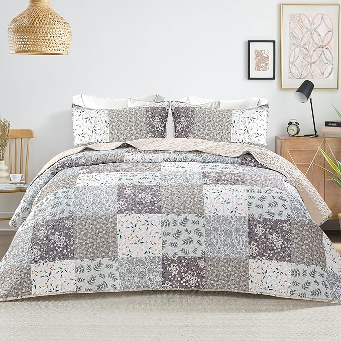 Whale Flotilla Patchwork Quilts Queen Size, Extra Soft Boho Floral Bedspreads for Bed Reversible Lightweight Full Queen Quilt Bedding Set Printed Coverlets with 2 Pillow Shams for All Seasons, Grey