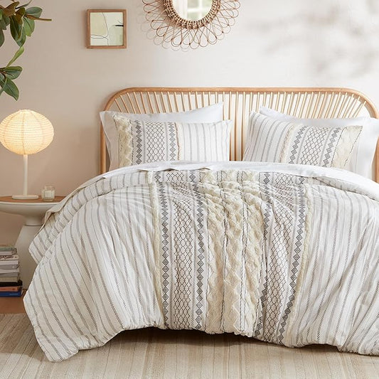 INK+IVY Comforter for King Size Bed, Chenille Tufted, Breathable Cotton Comforter Set King, All Season Modern Boho Comforter with Farmhouse Bedding Flare, 2 Matching Shams, King Ivory 3 Piece