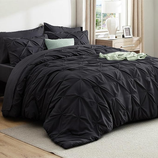Bedsure California King Comforter Set Black - Bed in a Bag Cal King Bedding Set 7 Pieces, GentleSoft™ Pintuck Bed Set Gift for Family, Pinch Pleat Black Comforter with Sheets, Pillowcases & Shams