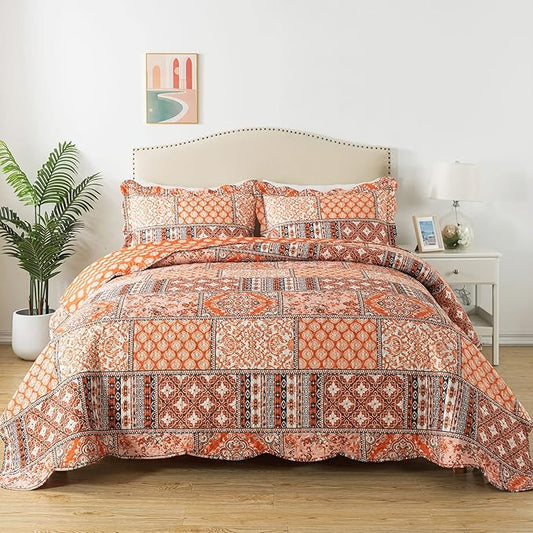 HoneiLife Vintage Quilt Sets Queen - 3 Pieces Microfiber Quilt Sets Lightweight Bedspreads Floral Coverlets Retro Bed Cover All Season Quilts-Pumpkin