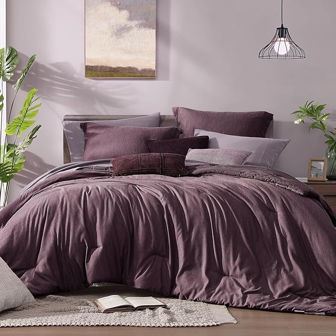 Monbix Super King Plus Size Comforter Set, Italian Plum Bedding Set Reversible, Comforter Set 7 Pieces, Cationic Dyeing Bed in a Bag with Comforter, Sheets, Pillowcases & Shams