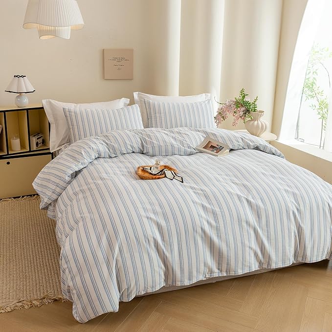 ECOCOTT Striped Duvet Cover King Size -100% Washed Cotton Linen Like Textured Breathable Durable Soft Comfy Bedding Set with Zipper Closure & Corner Ties