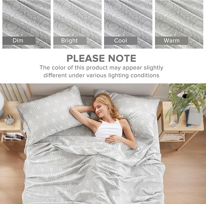 Comfort Spaces Extra Deep Pocket, 100% Cotton King Fits up to 24" Mattress, Breathable, Naturally Cool, Soft, All Seasons Sheet Set, Adelia Grey 4 Piece