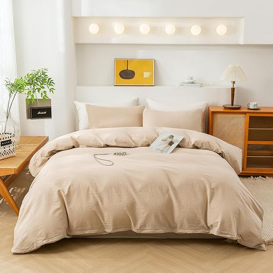 ECOCOTT 100% Washed Cotton Duvet Cover Full Size – Soft & Breathable Linen Feel Bedding Set, 3 Pieces Khaki Comforter Cover with Zipper Closure for All Seasons