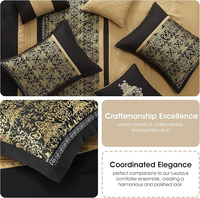Grand Avenue Black Gold Comforter Set King Size, 7 Piece, Damask Jacquard Home Decor, Matcking Bed Skirt, Pillows & Shams, All Season Bedding Set