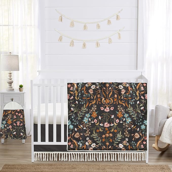 Sweet Jojo Designs 4-Piece Baby Crib Bedding Set (Black Wildflower Vintage Floral) for Girls, Infants/Nursery incl. Blanket, Fitted Sheet, Skirt, Diaper Stacker (Boho, Paisley, Bohemian, Cottagecore)