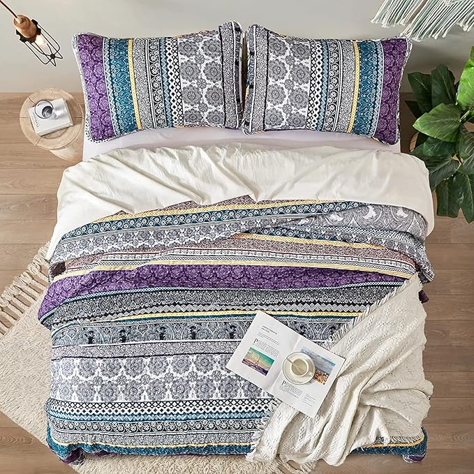 WONGS BEDDING Boho Quilt Set Twin Size, Purple Bohemian 2 Pieces Quilt Sets, Lightweight Bedspread Coverlet Bedding Set for All Season (86"x68")