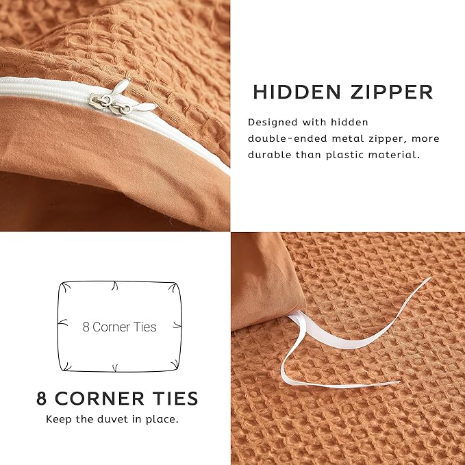 SE SOFTEXLY Waffle Duvet Cover Queen, 100% Cotton Waffle Weave Bedding Duvet Cover Set, Soft and Breathable Comforter Cover for All Season, 3 Pieces Including Pillow Shams（Terra Cotta, 90”x90”）