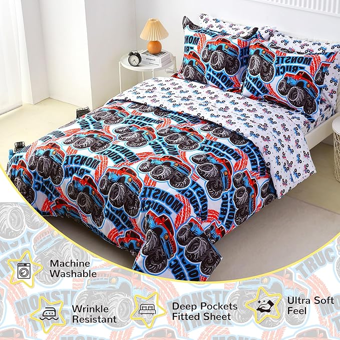 Viviland Kids Full Bedding Sets for Boys, Soft Full Comforter Set with Sheets, 7 Pieces Microfiber Bed in a Bag, Monster Truck