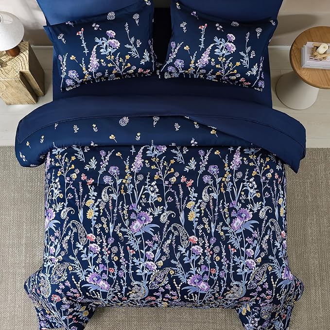 Yiran Navy Floral Comforter Set King Size, 7 Piece Blue Botanical Flowers Comforter Bedding Set, Bed in a Bag King, Soft Microfiber Complete Bedding Set with Sheets for All Season