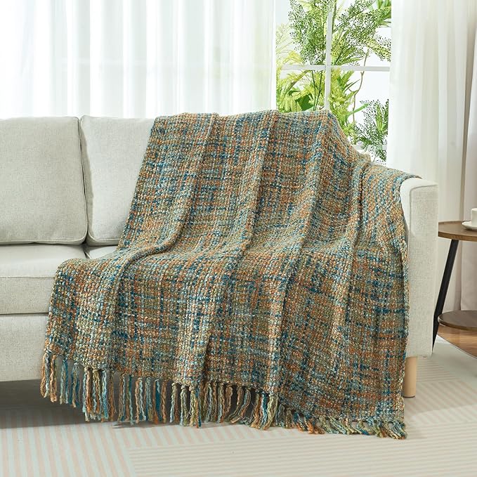 Multi-Color Gold Green Cable Knitted Throw Blanket for Couch,60"X80" Boho Style Textured Blankets for Home Decor,Super Soft Warm Cozy Chunky Knit Blanket with Decorative Tassels for Bed