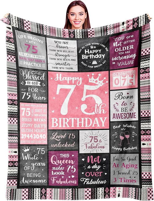 75th Birthday Gifts for Women Throw Blanket 60”x50”, Happy 75th Birthday Decorations for Women, 1951 Bday Gift for 75 Year Old Woman Mom Grandma Friend