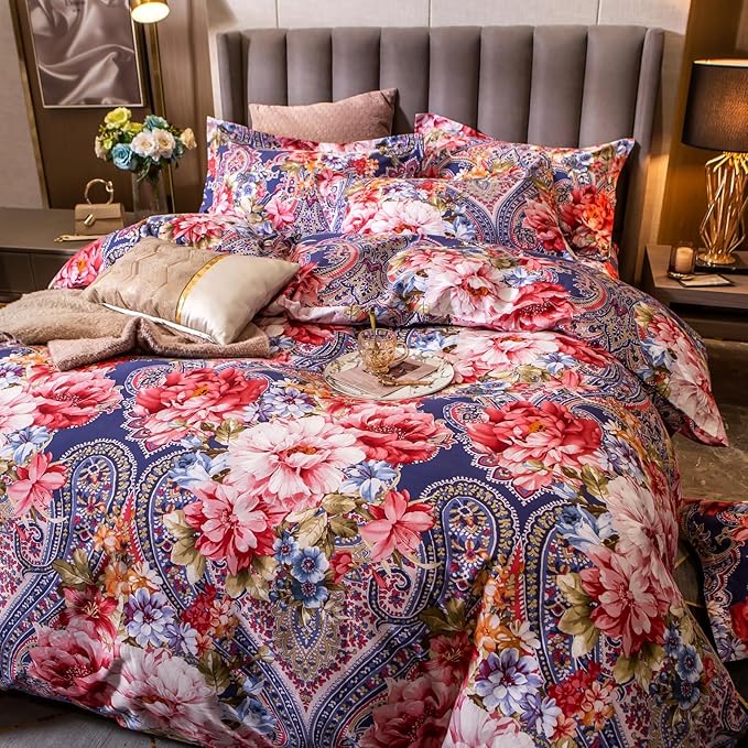ABREEZE Colorful Floral Duvet Cover King 100% Cotton Flower Duvet Cover 3 Piece Set 1 Multi-Colored Damask Paisley Duvet Cover with Zipper Ties 2 Pillowcases Luxury Soft Peony Print Bedding Set