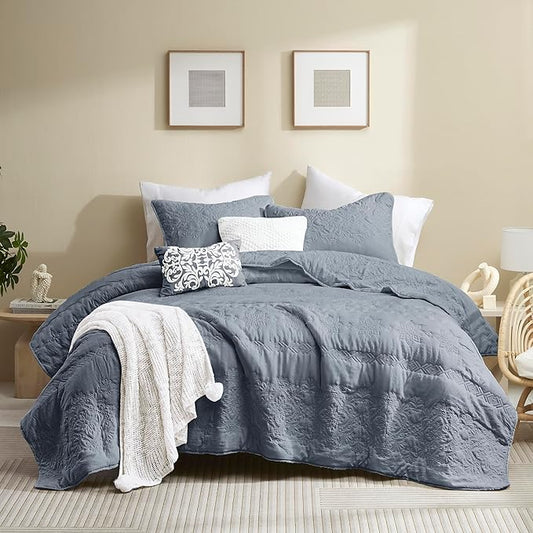 B2EVER Boho Blue Quilt King Size Bedding Sets with Pillow Sham, Bohemian Lightweight Soft Bedspread Coverlet, Farmhouse Floral Vintage Thin Comforter Bed Cover All Season, 3 Pieces, 104x90 inches