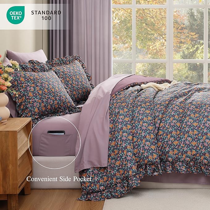 Full Comforter Set - 7 Pieces Ruffle Purple Ditzy Bedding Sets, Shabby Chic Farmhouse Bed in a Bag with Ruffle Comforter, Sheets, Pillowcases & Shams