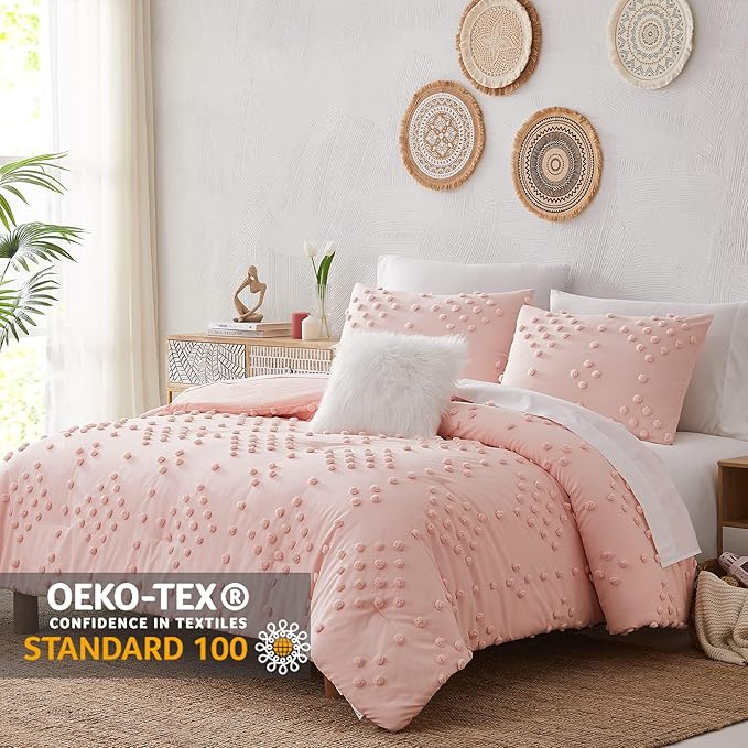 Geniospin Pink Queen Comforter Set for Girls- 7 Pieces Pom Tufted Bed in A Bag Twin Bedding Sets with Sheets, Pillowcases & Shams, All Season Kids Comforter Set