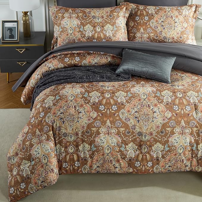 Cupocupa King Duvet Cover Set - 3pc Boho Paisley Floral Bedding - Vintage Botanical Leaf Print Soft Microfiber - All-Season Breathable Quilt Cover with Zipper & Corner Ties (King, 104"x90")