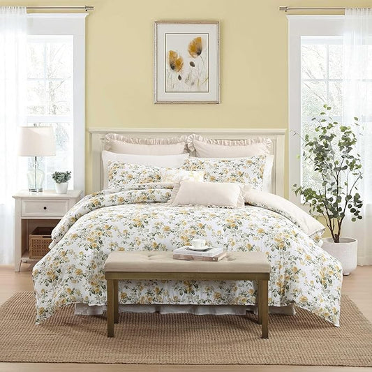 Laura Ashley - Twin Comforter Set, Premium Cotton Bedding with Matching Shams & Bonus Decorative Pillow, Floral Home Decor, Oeko-Tex Certified (Roses Gold, Twin)