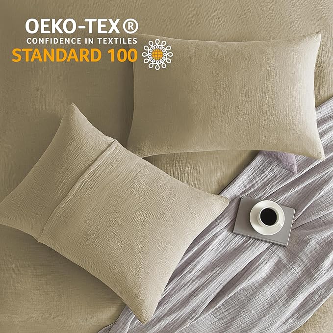 SE SOFTEXLY Muslin Duvet Cover Queen Size, 100% Washed Cotton Duvet Cover Set, Ultra Soft Comforter Cover Linen Like, 3 Pieces Minimalist Gauze Duvet Cover with 2 Pillowcases, 68"x90", Oatmeal