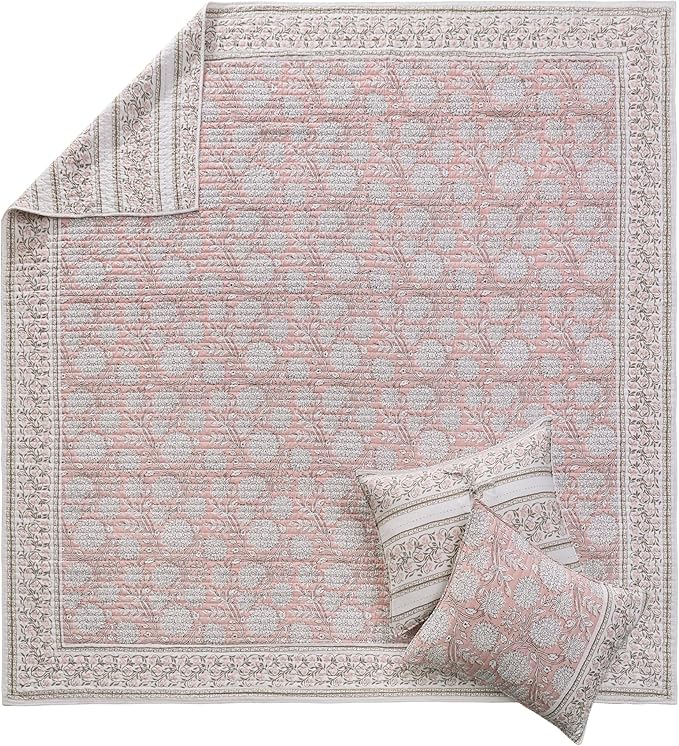 Levtex Home Adare Blush Reversible Full/Queen Quilt Set (88x92in) with 2 Pillow Shams (26x20in) - Floral Bedding - Blush White - Cotton Full/Queen Size Quilt Bedding Set - Lightweight, Soft