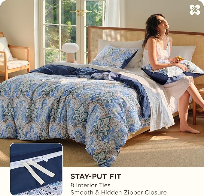 Bedsure 100% Cotton Reversible Paisley Damask Duvet Cover King Size - Classic Blue and White Pattern Comforter Cover with Zipper Closure & 2 Pillow Shams, No Comforter (Blue Paisley 104"x90")