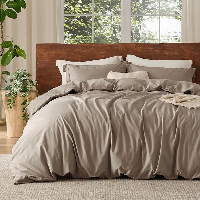 Bedsure 100% Washed Cotton Duvet Cover Queen Size - Light Brown Minimalist Cotton Duvet Cover Linen Like for All Seasons - GentleSoft™ Plain Simple Bedding, 3 Pieces (Light Brown, Queen, 90"x90")