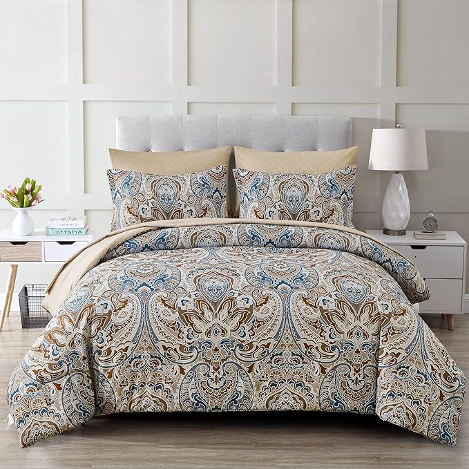 Drucon Brown Comforter Set King, 7 Pieces Bed in a Bag Comforter Boho Paisley Pattern Bedding Soft Microfiber King Size (1 Comforter, 1 Flat Sheet, 1 Fitted Sheet, 2 Pillow Shams, 2 Pillowcases)