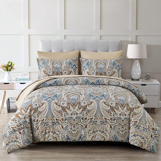 Drucon Brown Paisley Comforter Set Full, 7 Pieces Bed in a Bag Brown Paisley Pattern Comforter Soft Microfiber Bedding Set Full Size with Sheet and Pillowcases for Men Women