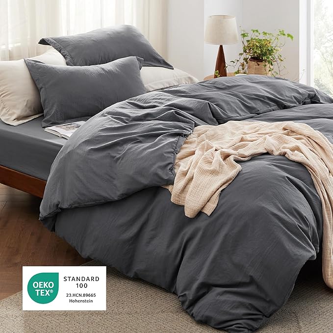 Bedsure Duvet Cover Full Size with Fitted Sheet - 4 Pieces Prewashed Cotton-Like Polyester Extra Soft Bedding Set, Includes 1 Duvet Cover 80x90 Inches, 2 Pillow Shams, 1 Fitted Sheet, Dark Grey