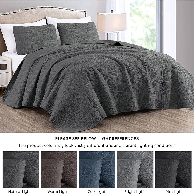 Chezmoi Collection Austin 3-Piece Oversized Bedspread Coverlet Set (King, Charcoal)