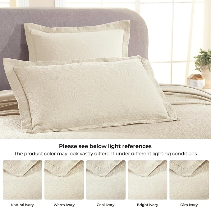 Superior Cotton Fleur De Lis Bedspread Set, Warm Blankets, All-Season Bedding, Bedroom Decor, Decorative Boho Medallion Coverlet, Includes 1 Bedspread, 2 Pillow Shams, Full, Ivory