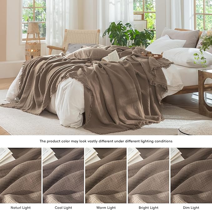 MooMee Muslin Blanket - 100% Cotton 4-Layer Gauze Throw Blanket with All-Around Fringe Ultra-Soft Breathable Lightweight Cooling for Bed Couch (Brown,Throw XL 50" x 70")