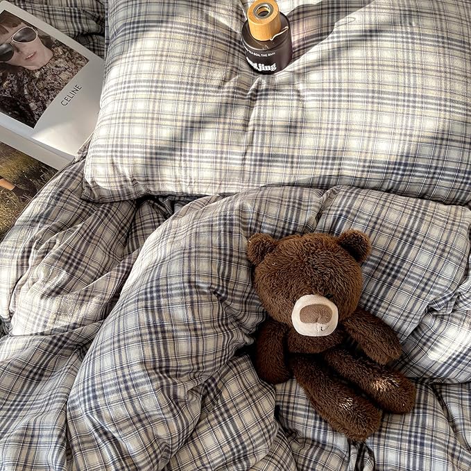 mixinni Twin Duvet Cover Set - 3 Piece Vintage Buffalo Plaid Bedding, 100% Washed Cotton Duvet Cover with 2 Pillowcases, Soft & Breathable Navy Beige White Geometric Grid Pattern for All Seasons
