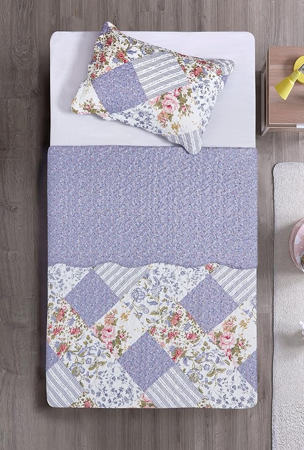 Brilliant Sunshine Rose Violet Patchwork, 2-Piece Quilt Set with 1 Sham, Reversible Bedspread, Soft Lightweight Coverlet, All-Season, Twin, Rose Violet