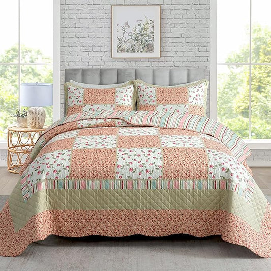 Travan 3-Piece Quilt Set Quilted Bedspread Lightweight Coverlet Set Patchwork Floral Oversized Reversible Soft Quilted Bedding Coverlet Set for All Seasons, Queen Size