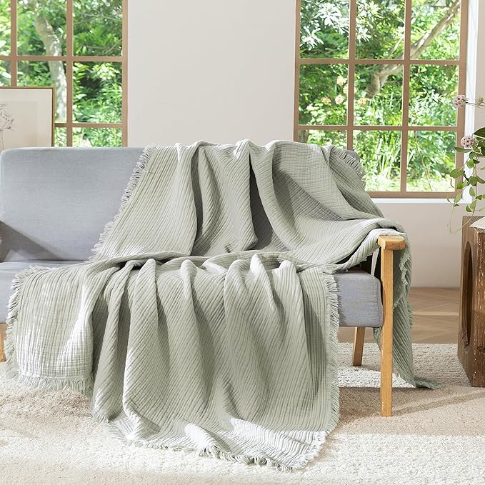 MooMee Muslin Blanket - 100% Cotton 4-Layer Gauze Throw Blanket with Tassels Ultra-Soft Breathable Lightweight Cooling for Bed Couch (Sage Green,King 104" x 90")
