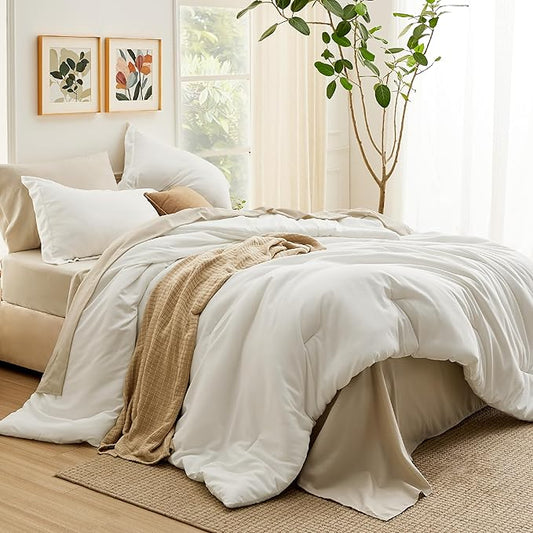 Bedsure Twin Comforter Set - 5 Pieces White Twin Bedding Set for All Seasons, Boho Contrasting Design Bed in a Bag with Comforter, Sheets, Pillowcase & Sham