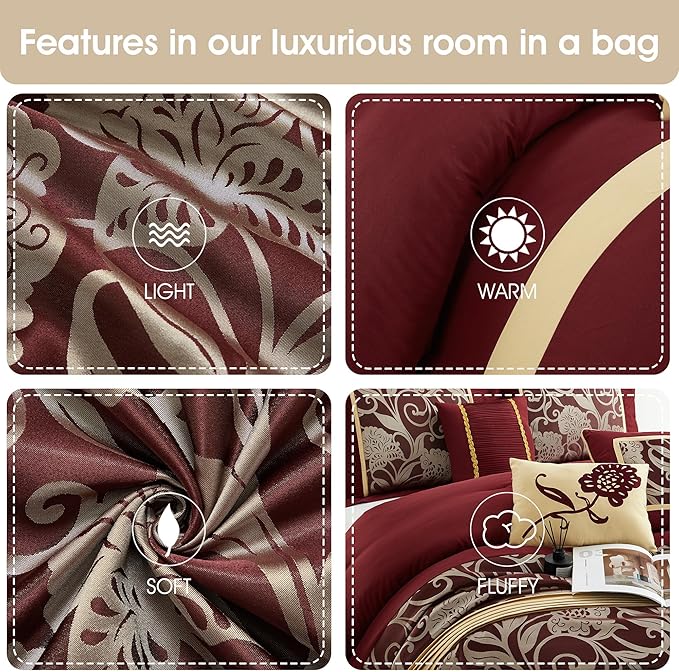Grand Avenue Red and Gold Comforter Set California King Size, 9 Piece Jacquard Floral Bedding Set, All Season, Ultra-Soft, Matching Pillows & Shams, Bed Skirt, Curtains