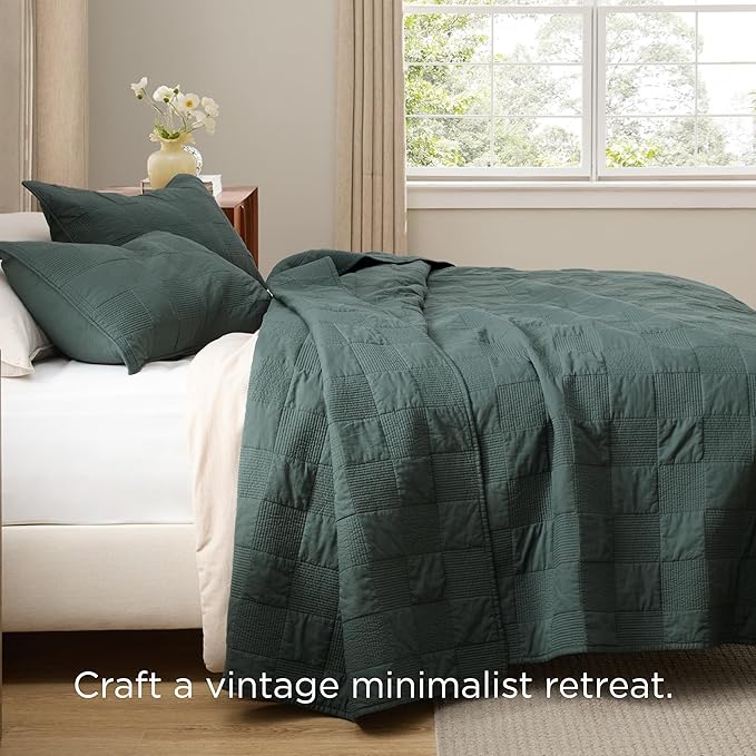 Bedsure 100% Cotton Quilt Set - Lightweight Queen Bedspread, Cozy Emerald Green Bedding Coverlet 3-Piece with Pillow Shams in Checker Pattern for All Season, 90x96 inches, 100% Cotton Voile