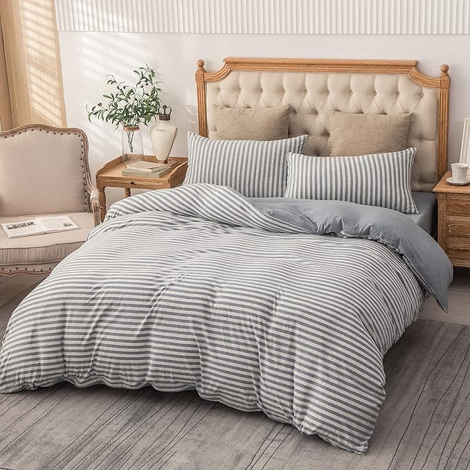 PURE ERA Jersey Knit Duvet Cover Set 100% T-Shirt Heather Cotton Super Soft Comfy Classic Striped Design, with Zipper Closure, Heather Blueish Grey Stripe, Cal King