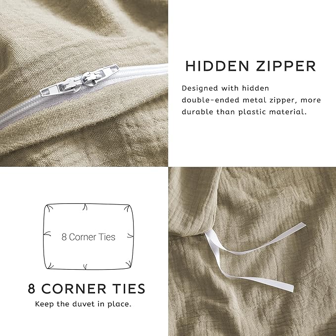 SE SOFTEXLY Muslin Duvet Cover Queen Size, 100% Washed Cotton Duvet Cover Set, Ultra Soft Comforter Cover Linen Like, 3 Pieces Minimalist Gauze Duvet Cover with 2 Pillowcases, 68"x90", Oatmeal