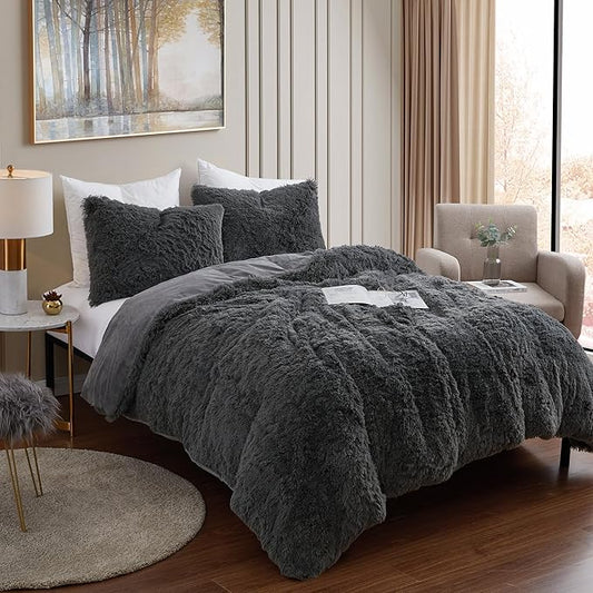 Full Size Luxury Faux Fur Comforter Set - Soft & Breathable 7-Piece Bedding Collection - 1 Comforter, 1 Fitted Sheet, 1 Flat, 2 Pillowcases, 2 Pillow Shams - Deep Pocket - Premium Quality, Dark Gray