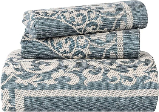 Superior Cotton Blend Bedspread Set, Includes Oversized Bedspread and 2 Matching Pillow Shams, Light Weight Blanket, Jacquard Vintage Floral Mandala, Lyron Collection - Queen, Cerulean Blue