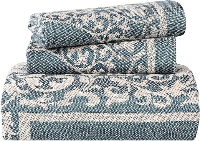 Superior Cotton Blend Bedspread Set, Includes Oversized Bedspread and 2 Matching Pillow Shams, Light Weight Blanket, Jacquard Vintage Floral Mandala, Lyron Collection - King, Cerulean Blue