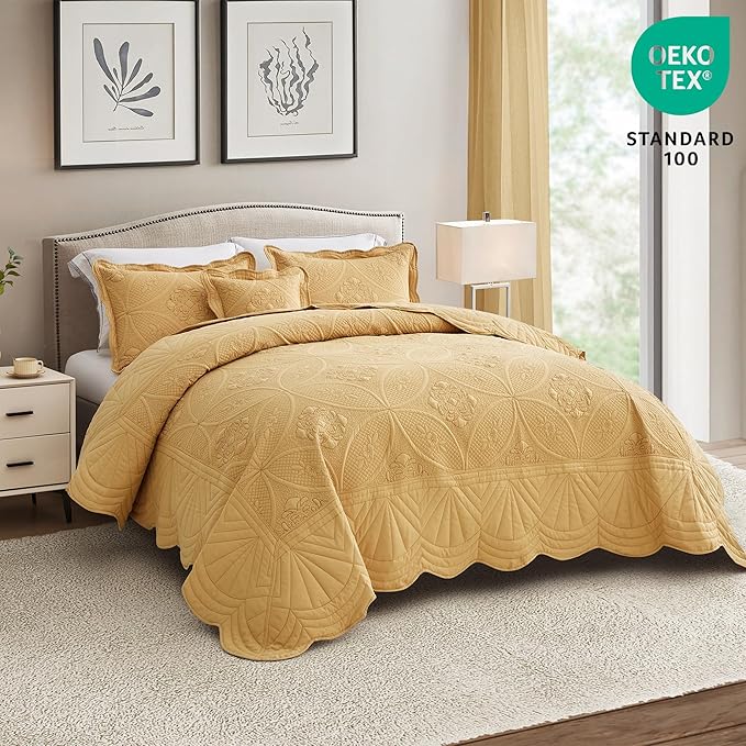Bedspread - Full Size Bedding Cover - Modern & Contemporary Coverlet Set, Real Stitching, Reversible, Lightweight, 5 Piece, Honey Gold