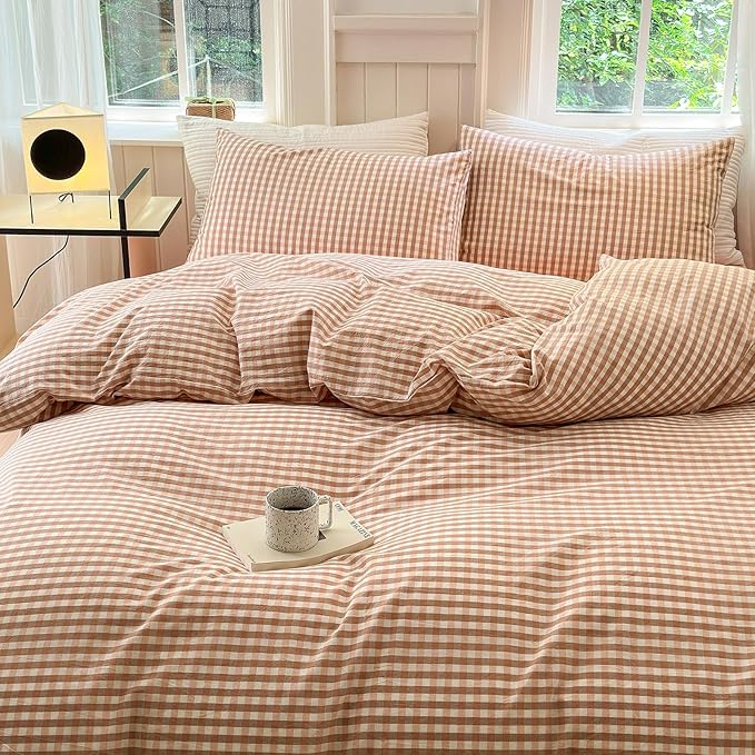 LifeTB Pink Plaid Gingham Duvet Cover King 3 Pieces Checkered Grid Duvet Cover 100% Washed Cotton Coral Pink Plaid Comforter Cover with Zipper Ties 2 Pillowcases Breathable Soft Gingham Bedding Set